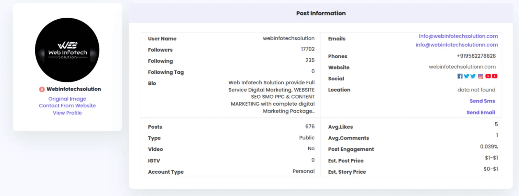Extracted results from LeadStal Instagram scraper