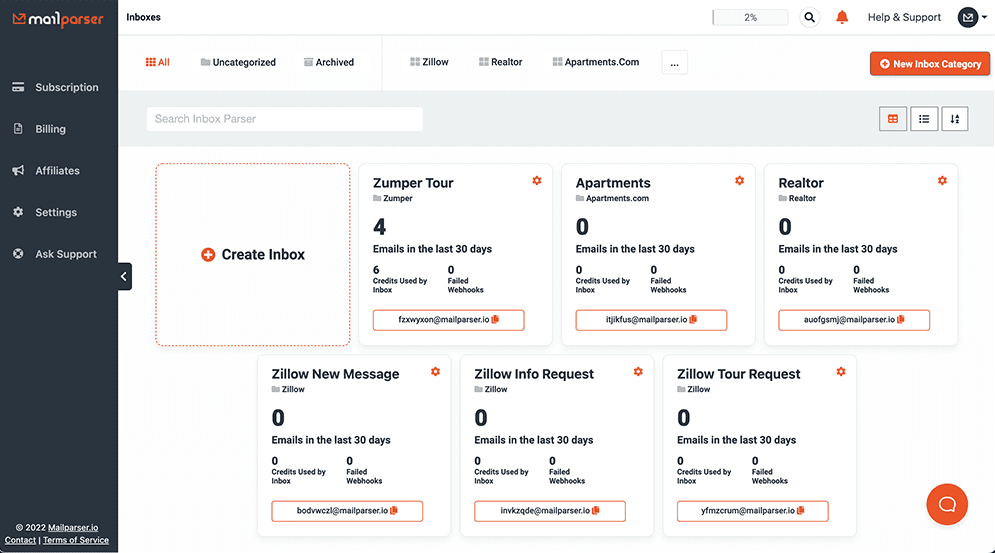 Mailparser platform UI