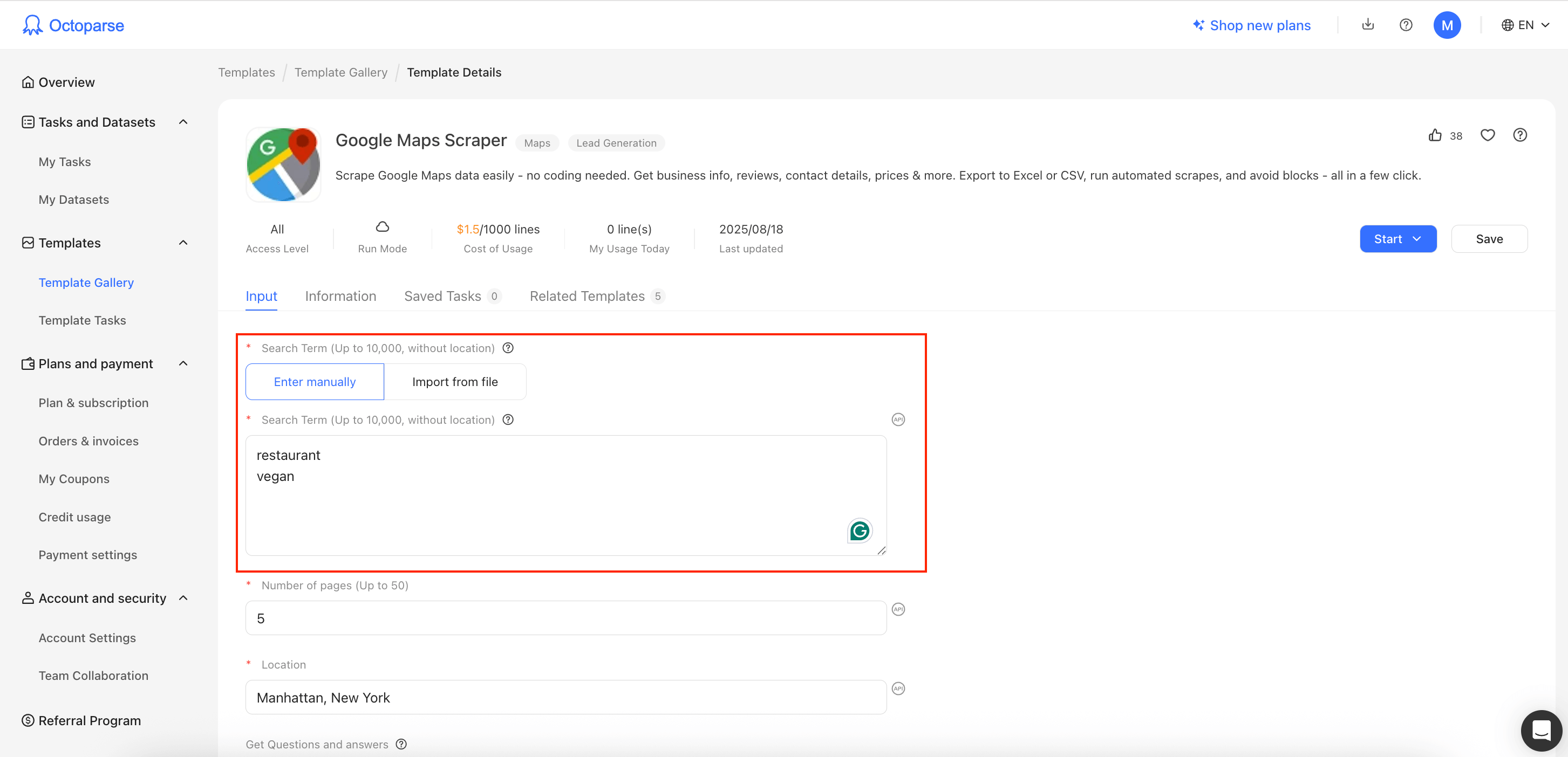 Octoparse Google Maps Scraper in the browser