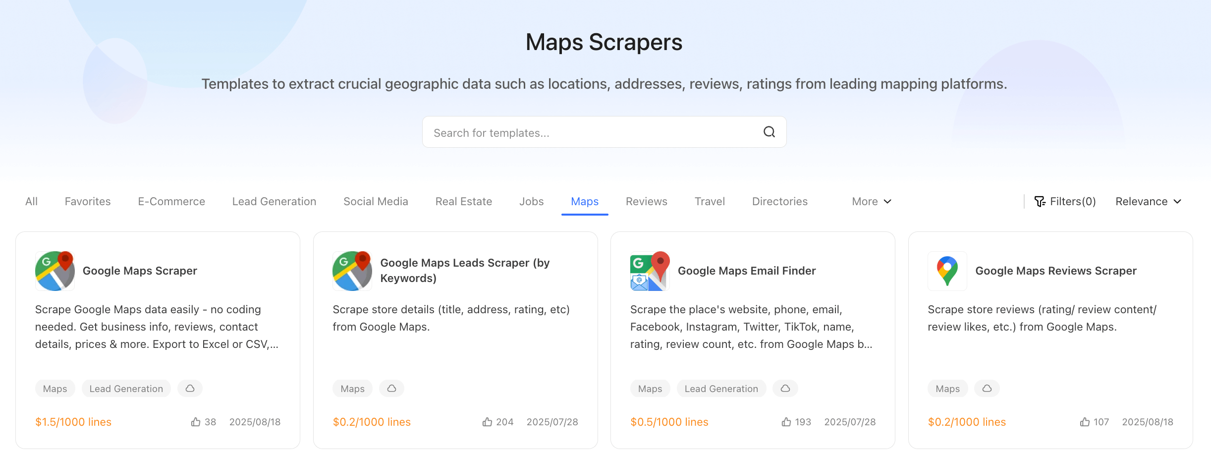 Octoparse Google Maps templates for Google Maps