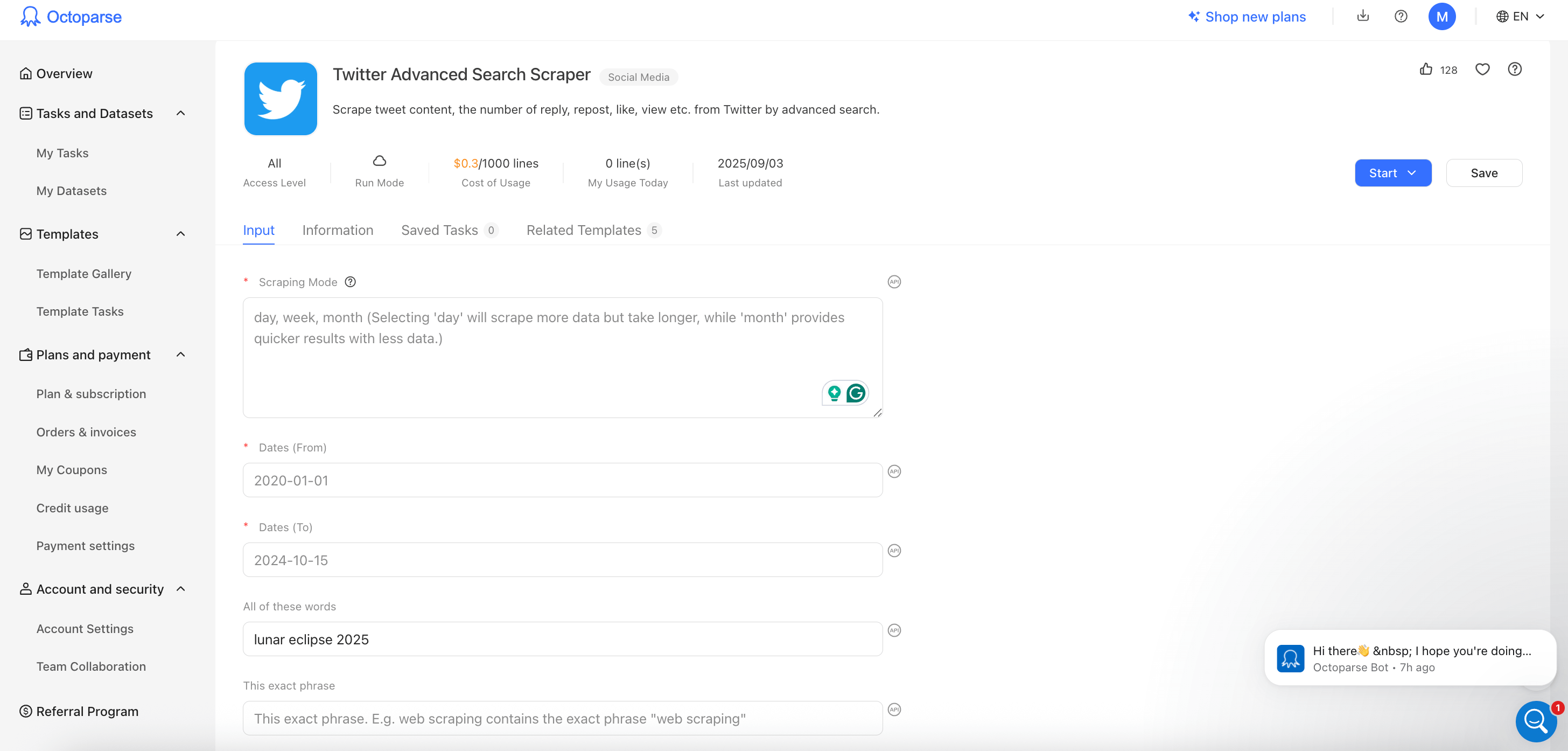 Octoparse Twitter Advanced Search Scraper UI