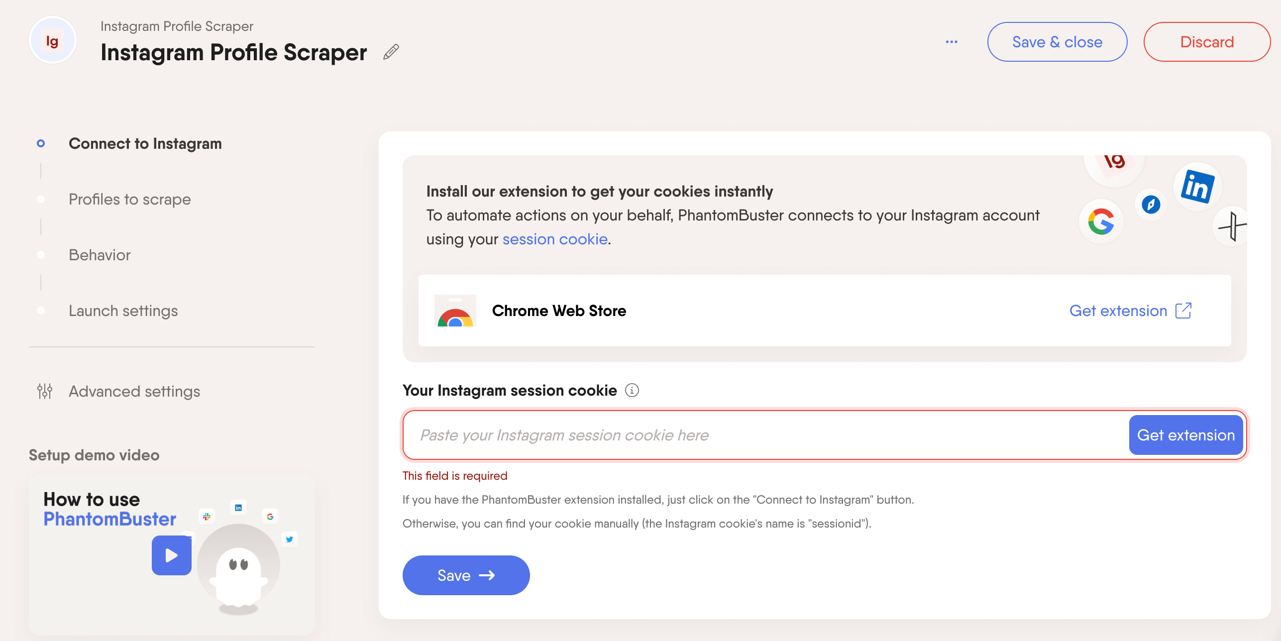 PhantomBuster’s Instagram Profile Scraper UI