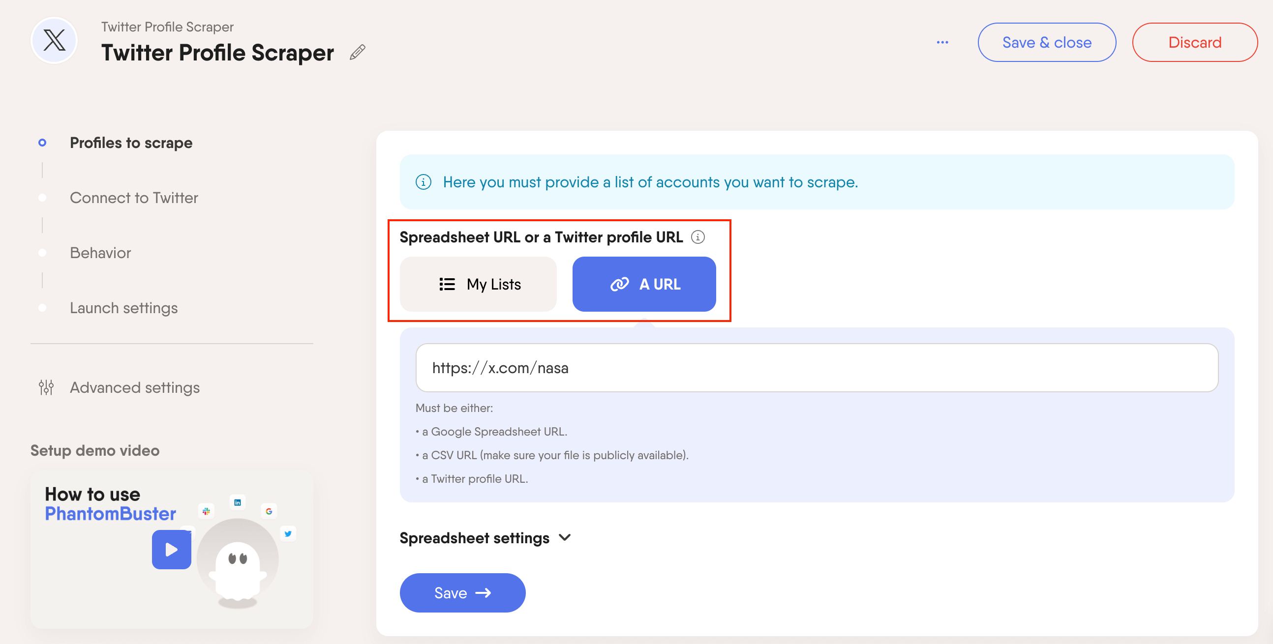 PhantomBuster Twitter Profile Scraper UI