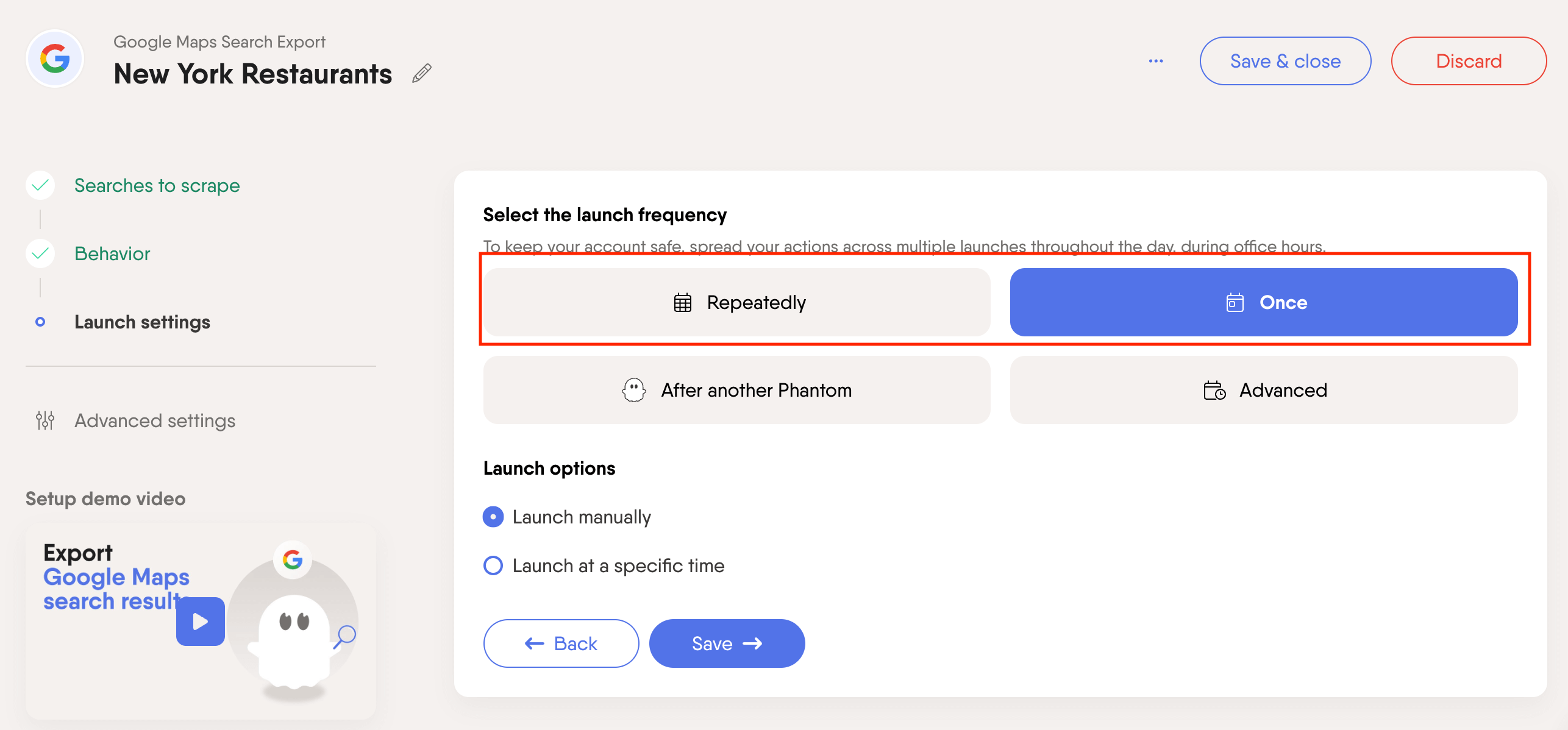 Phantombuster Google Maps scraper’s launch frequency