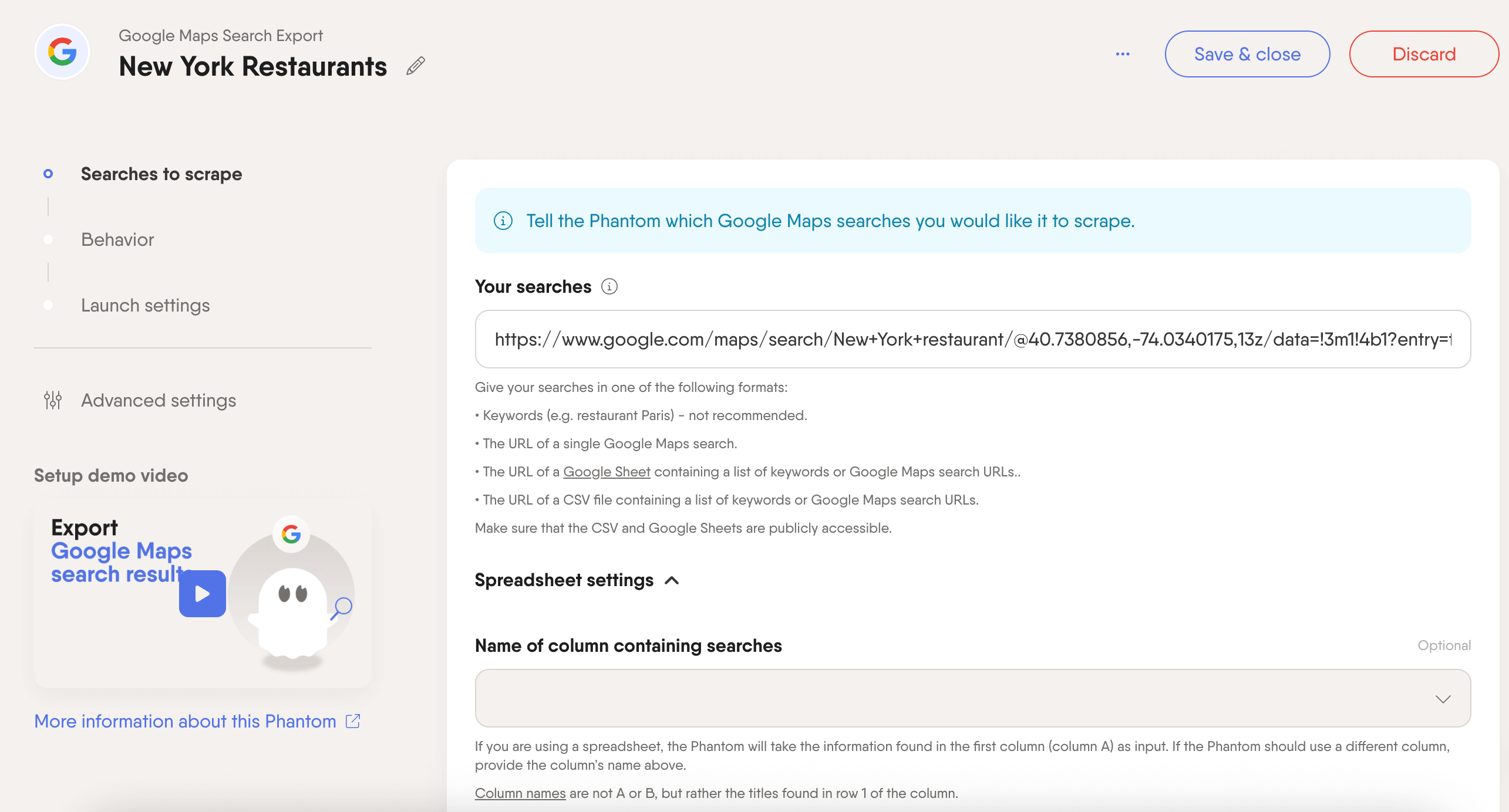 PhantomBuster Google Maps scraper’s UI
