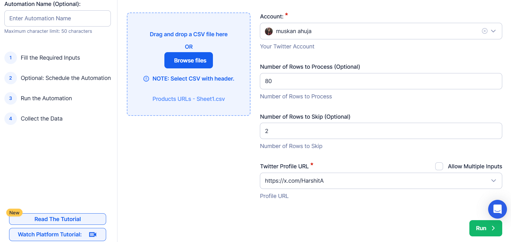 TexAu Twitter Profile Scraper UI