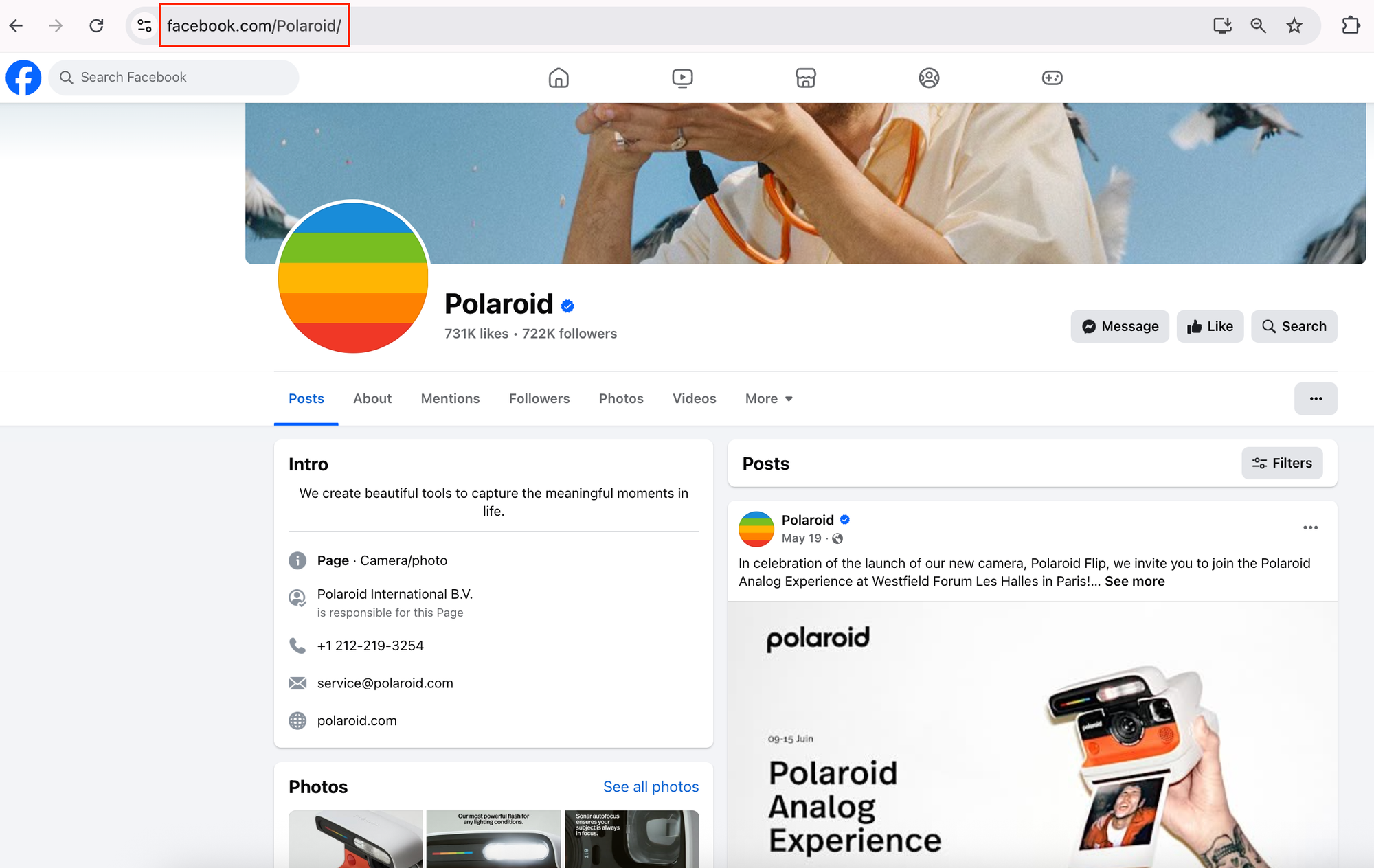 Polaroid Facebook homepage with a highlighted URL