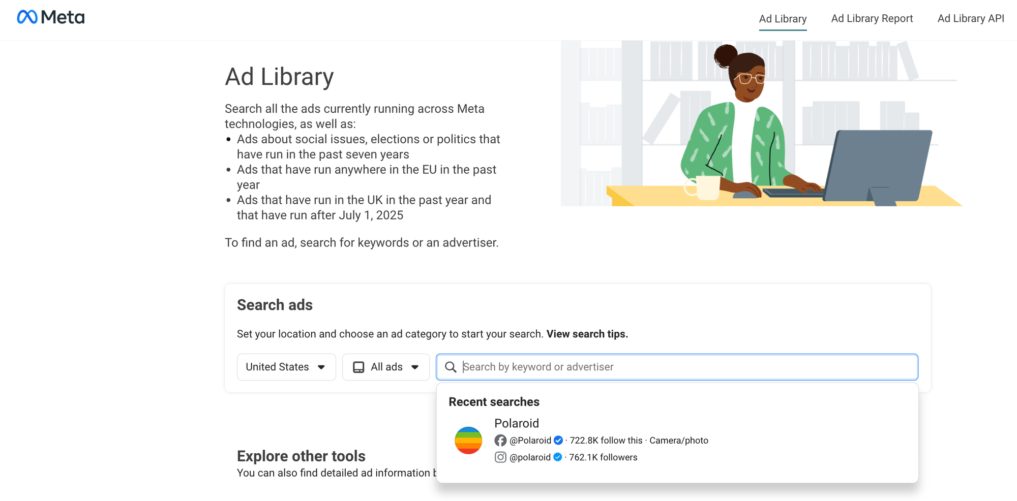 Meta Ads Library search options