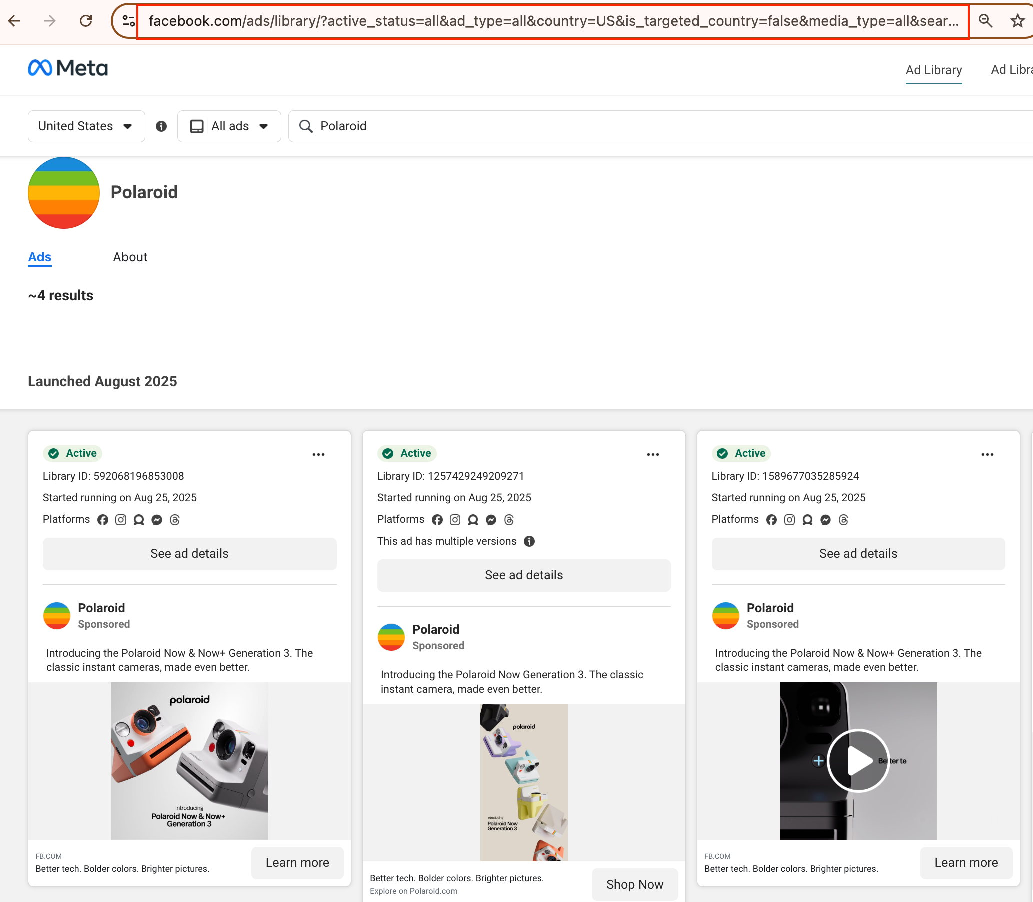 Meta Ads Library results page