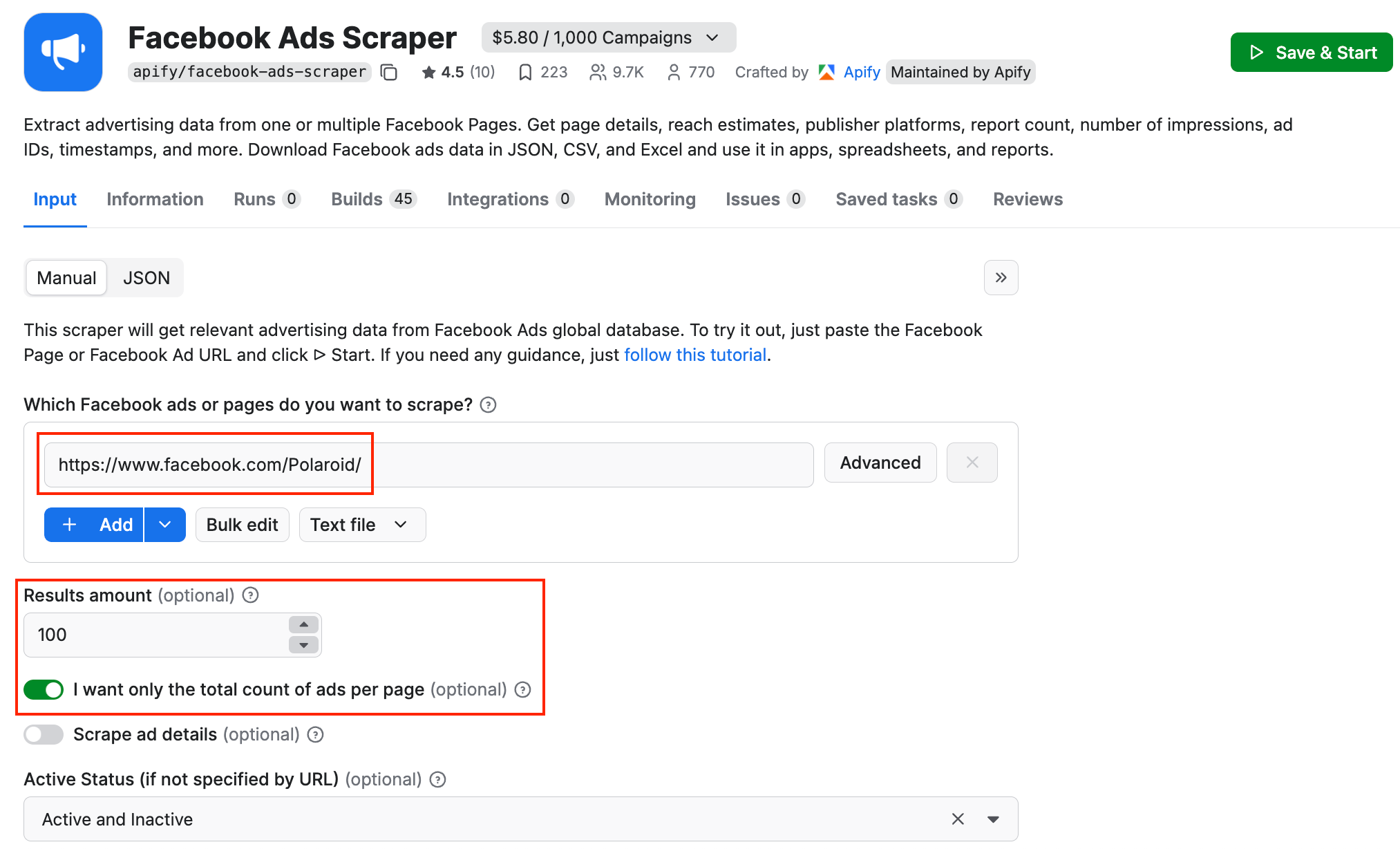 Facebook Ads Scraper configuration