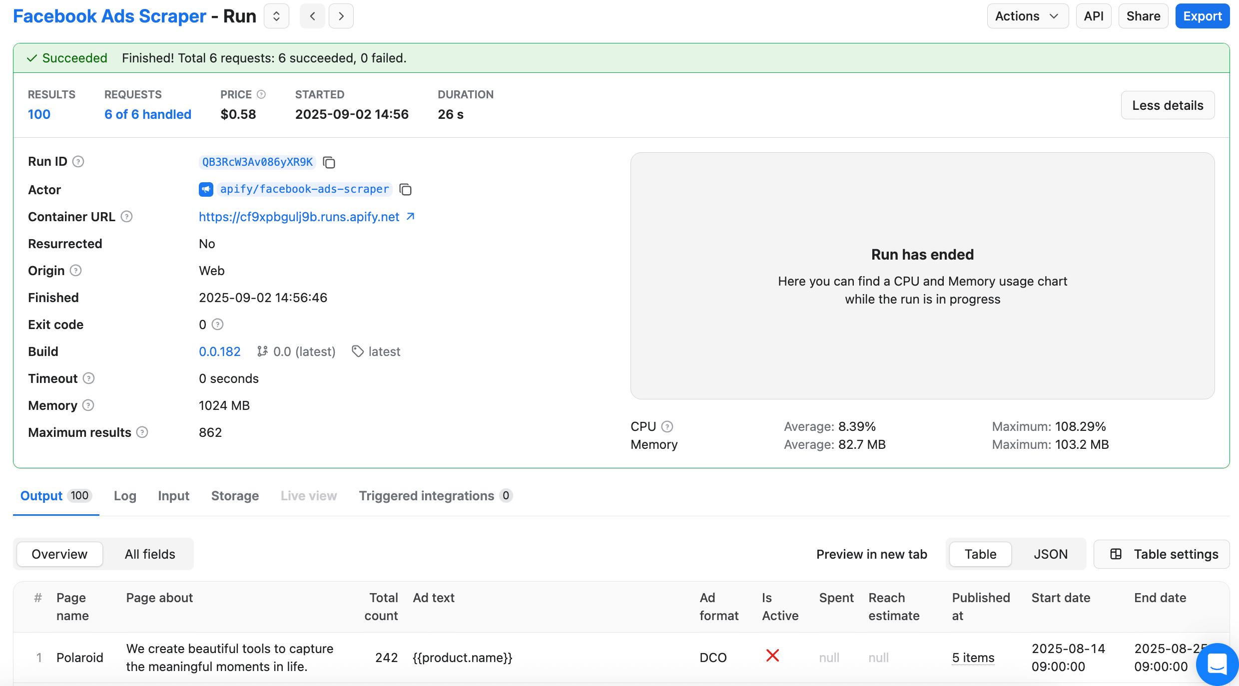 Facebook Ads Scraper run finished successfully 