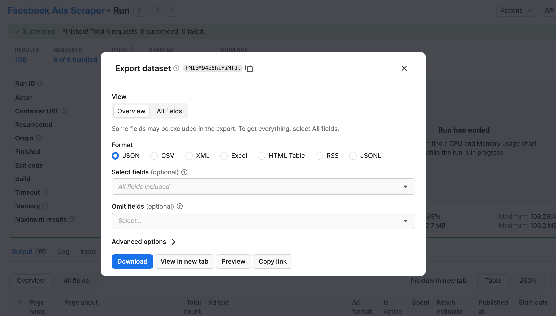 Export dataset screen with various download options