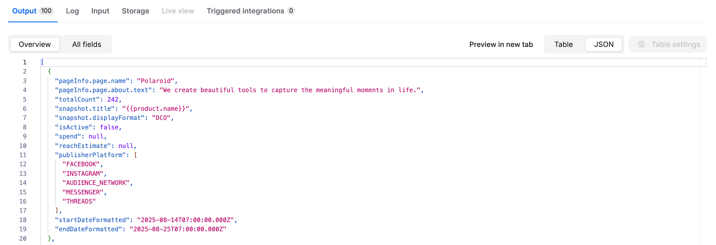 Scraped dataset preview in JSON