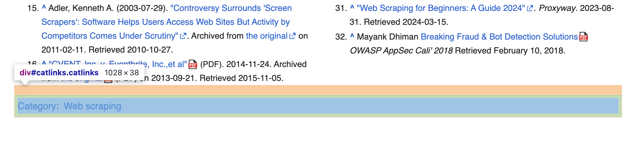 Categories listed in Wikipedia articles