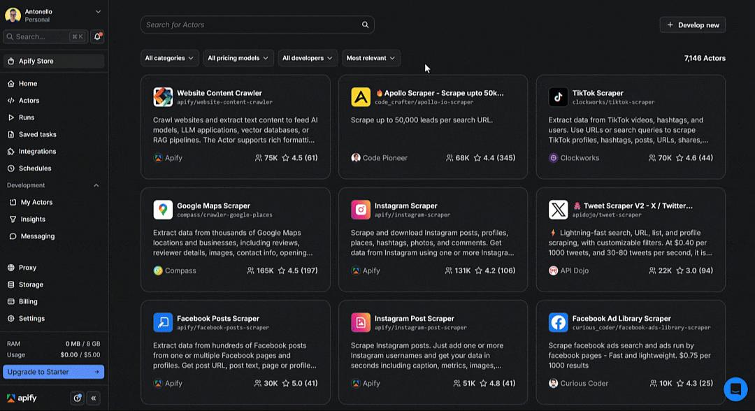 Searching for “Amazon” on Apify Store