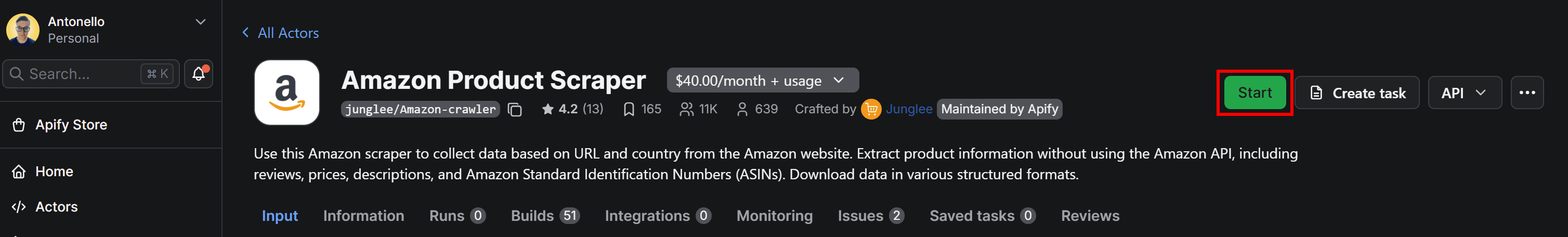 Amazon Product Scraper - Start button