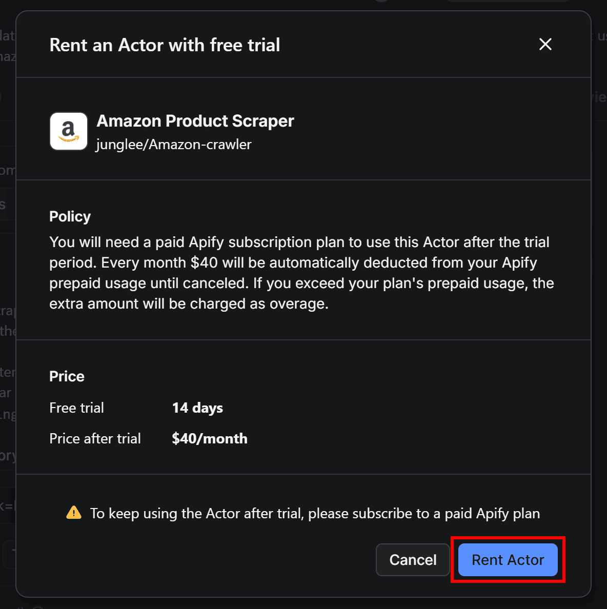 Amazon Product Scraper - Rent Actor button