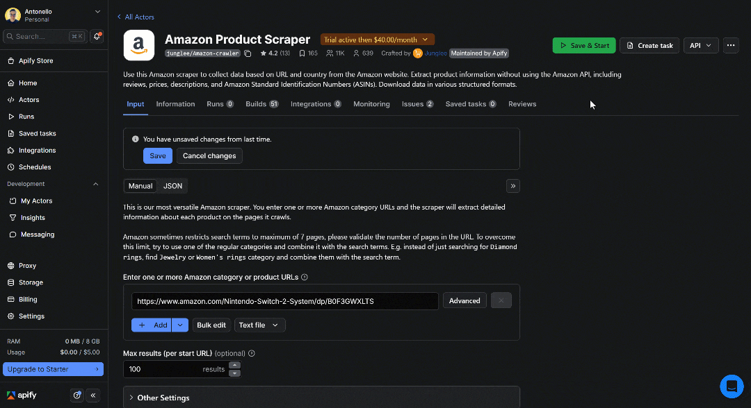 The Actor execution in the Apify platform