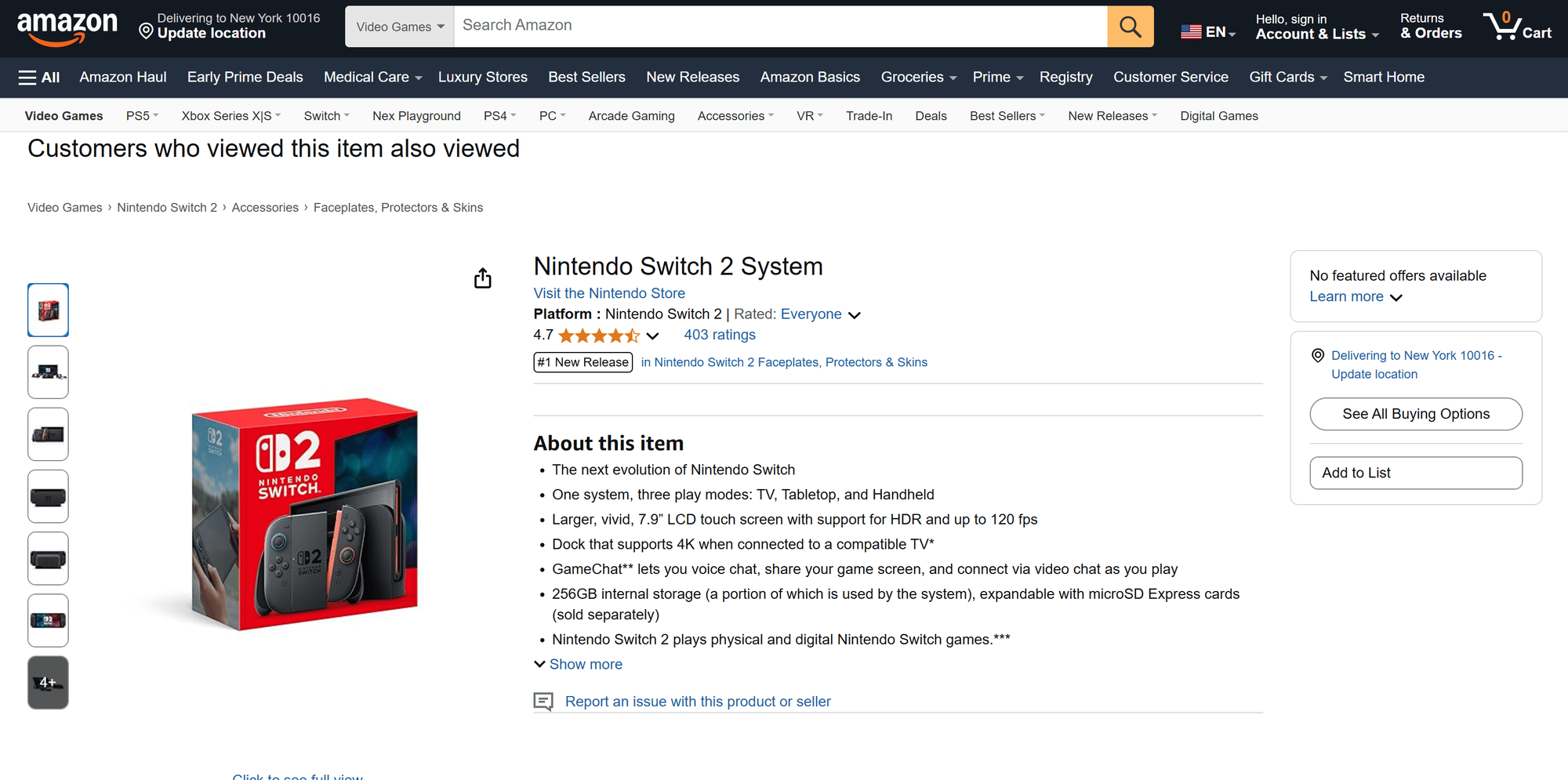 Amazon product page with Nintendo Switch 2 System
