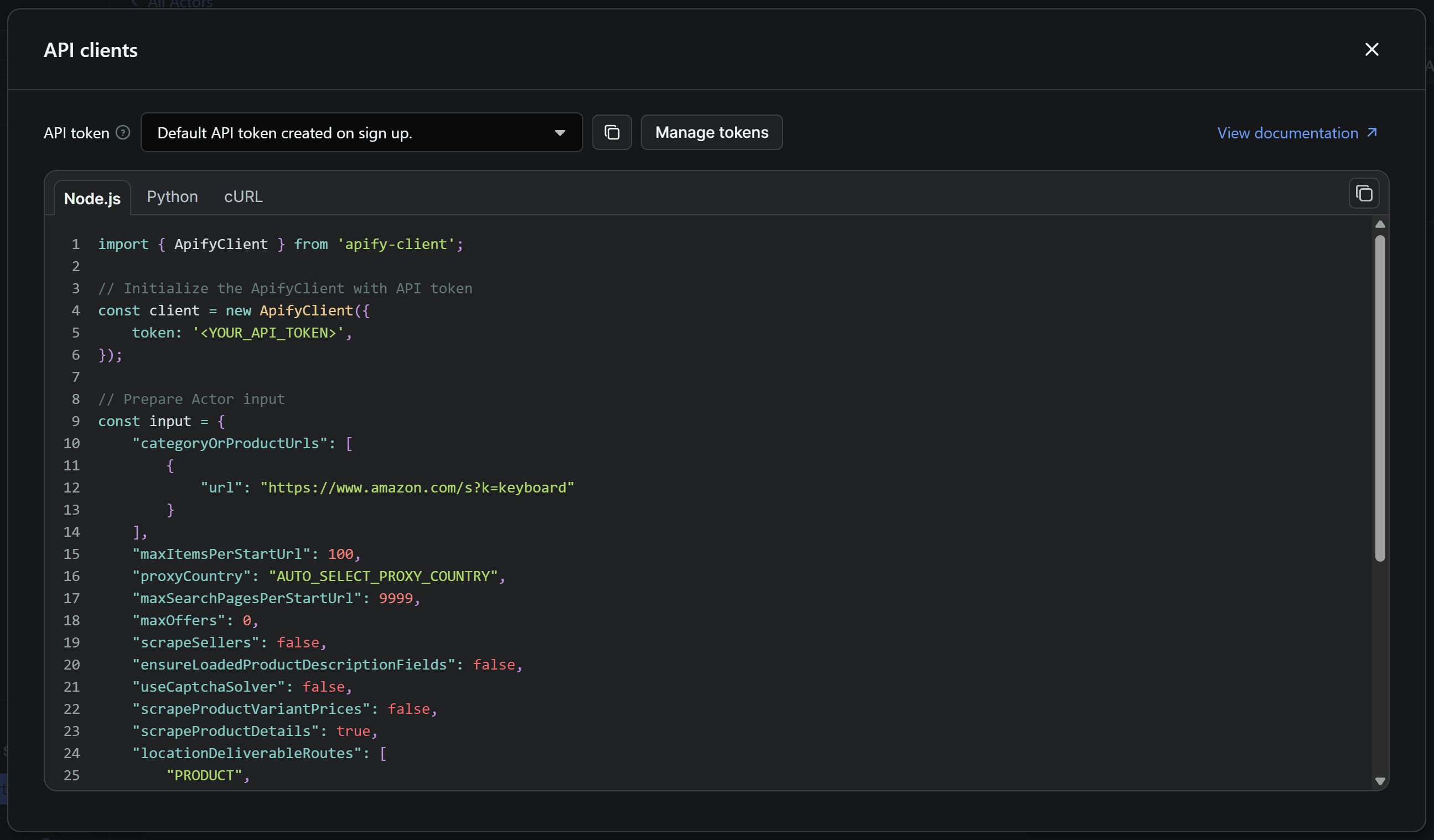 The API clients modal in Apify Console