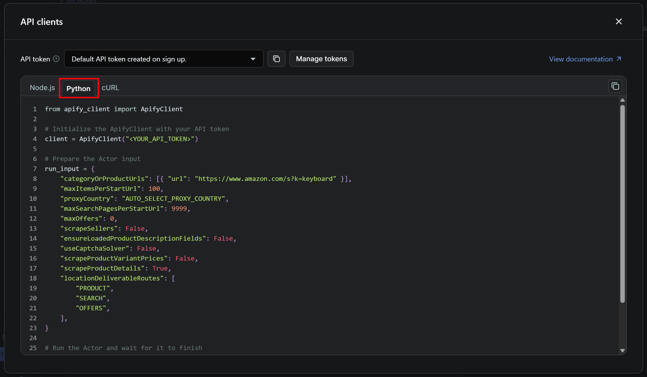 The Python tab for the API Clients modal