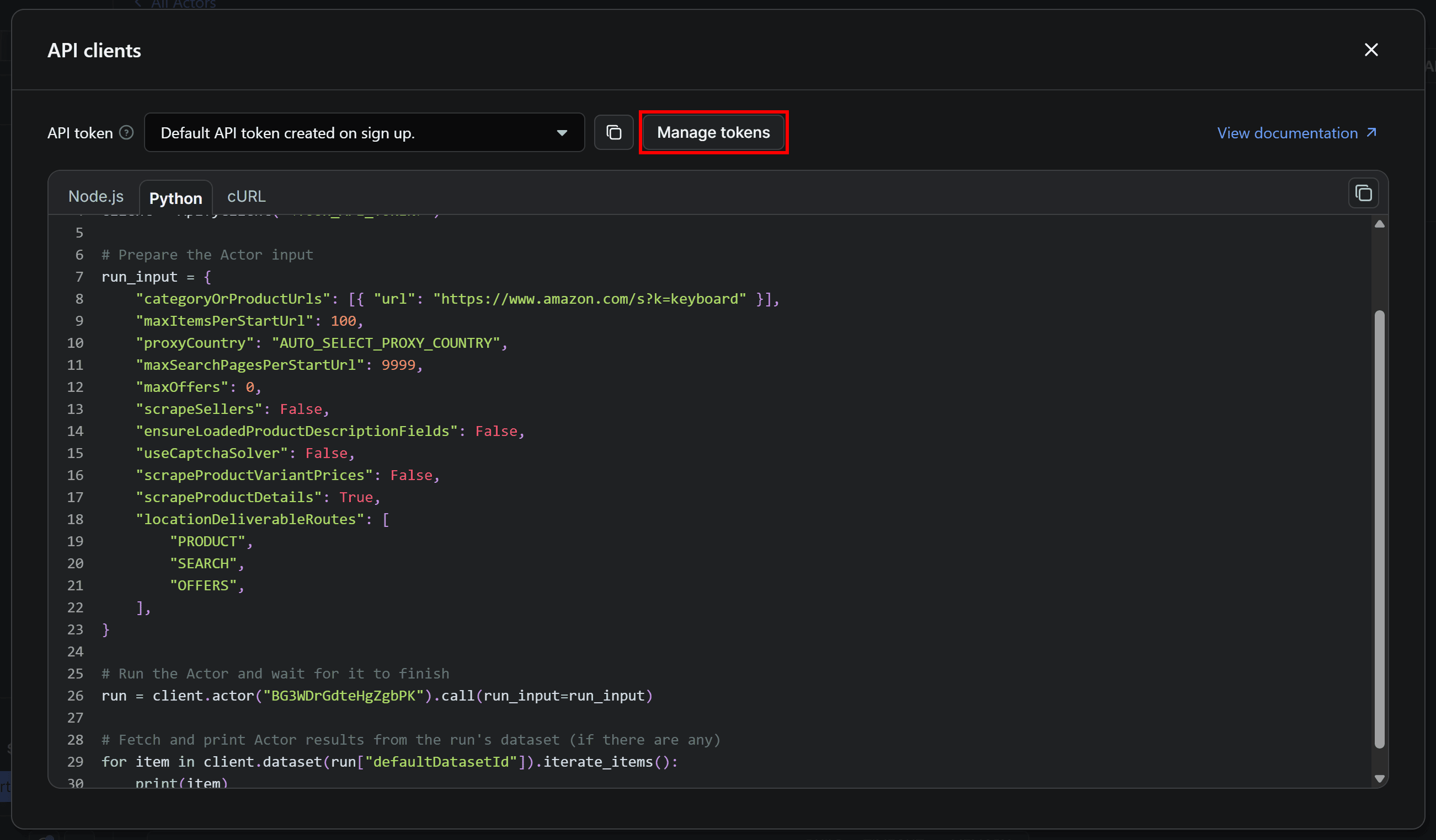 Manage tokens button in the Amazon Product Scraper Actor’s API clients modal