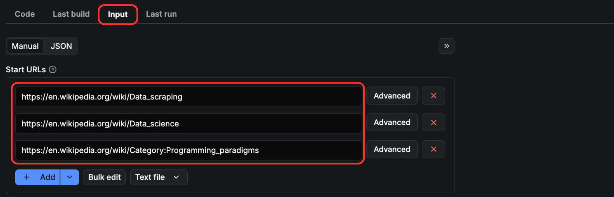 Input URLs to scrape from Wikipedia