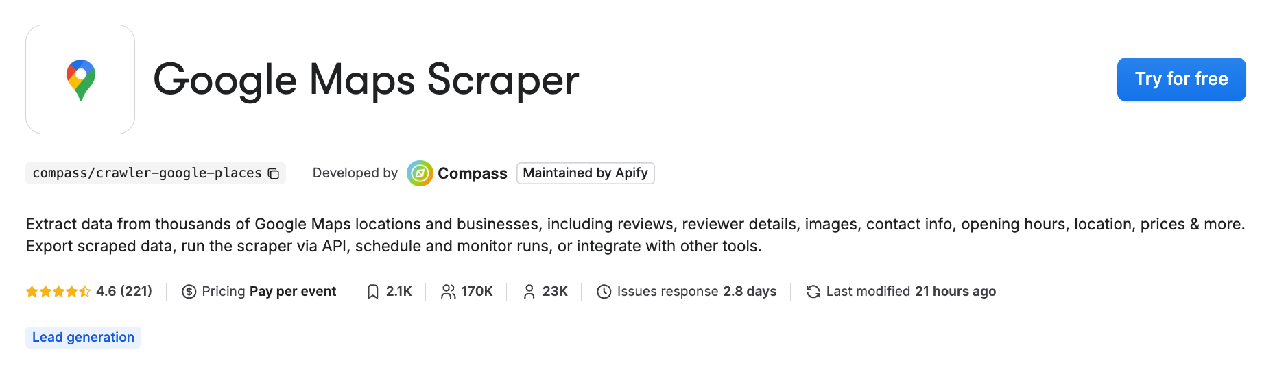 Google Maps Scraper on Apify Store