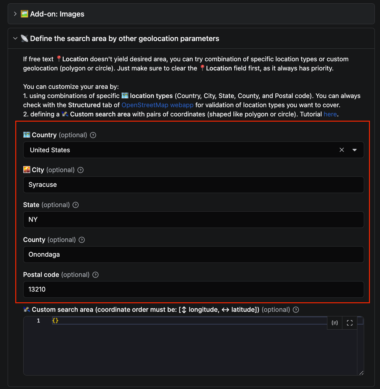 Scraping Google Maps by area coordinates or postal address