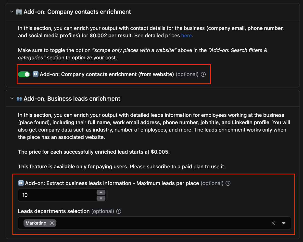 Google Maps Scraper - enrichment options
