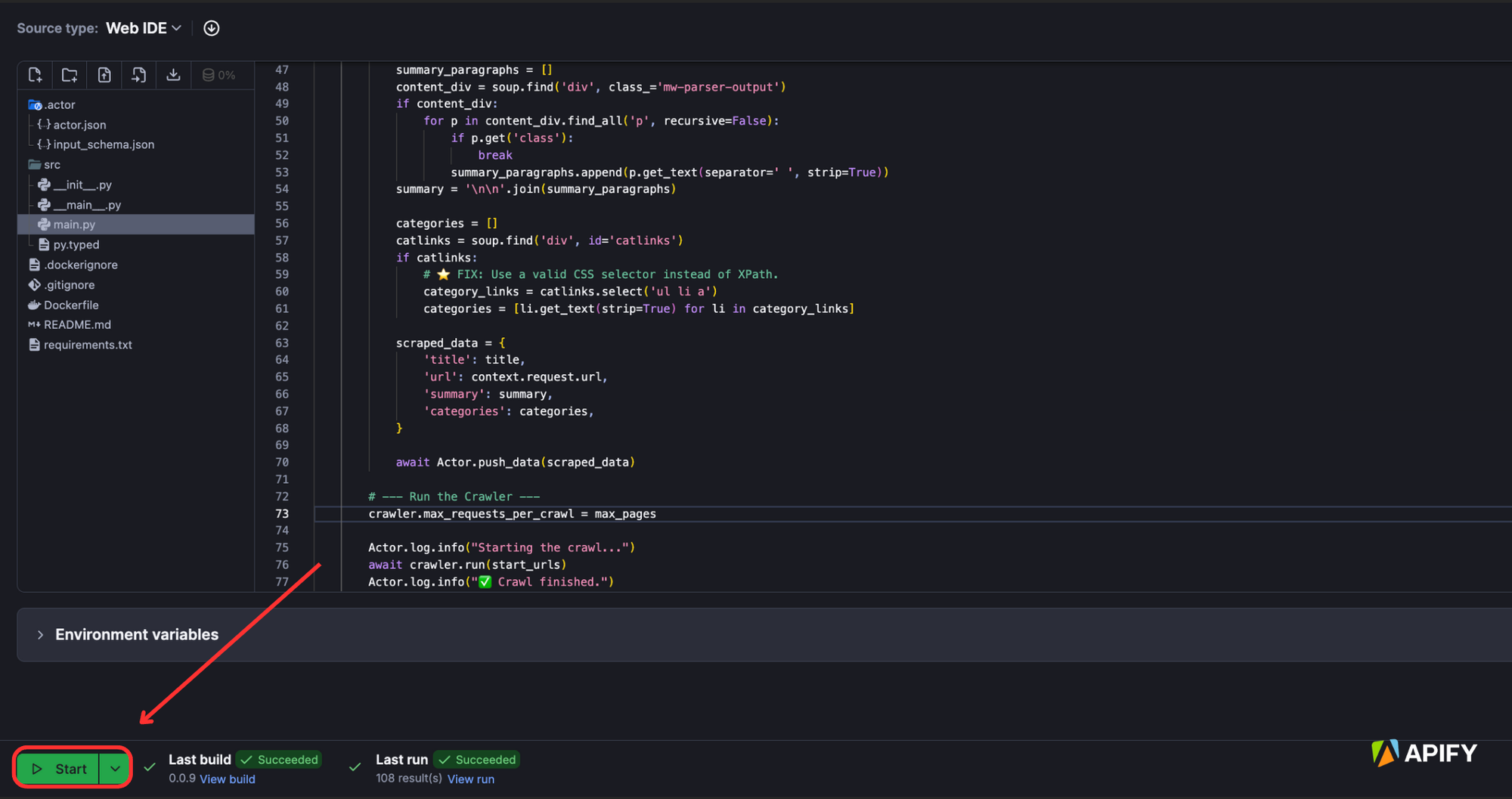 The “Start” button in Actors