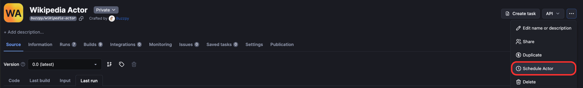 Scheduling the actor on Apify