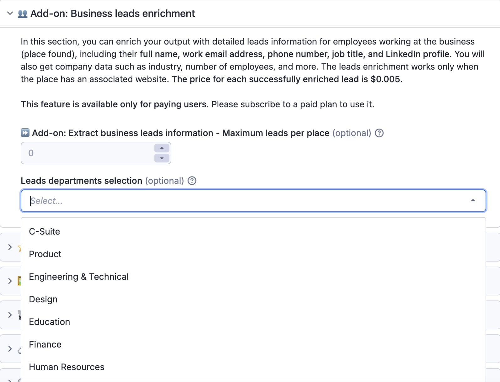 Business leads enrichment feature with a drop-down menu
