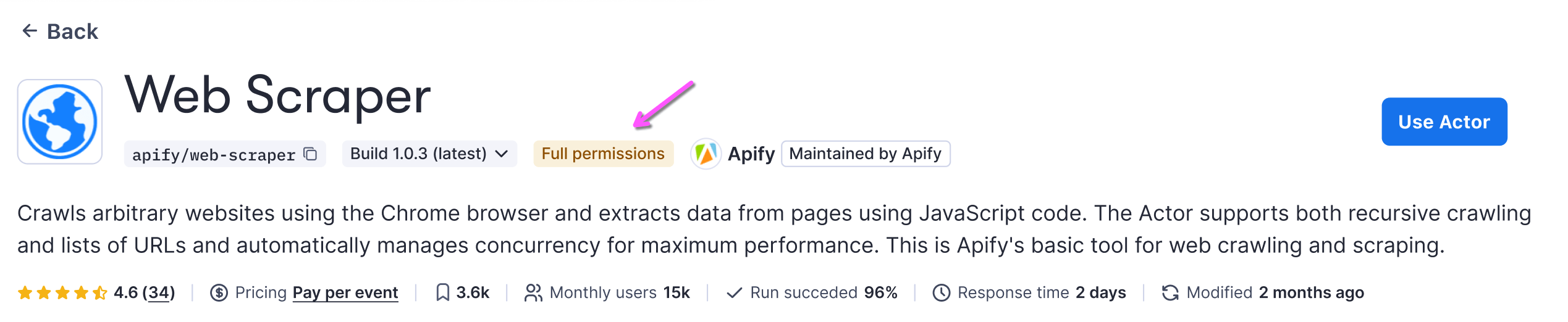 Full permissions badge visible on Apify Store detail page