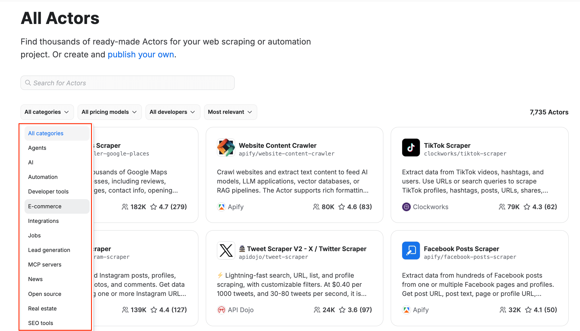 Apify Store - categories and Actors