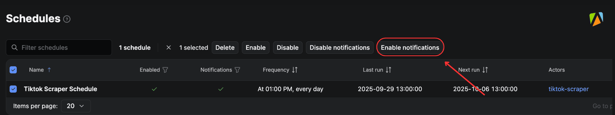 Enable notifications for scheduled runs