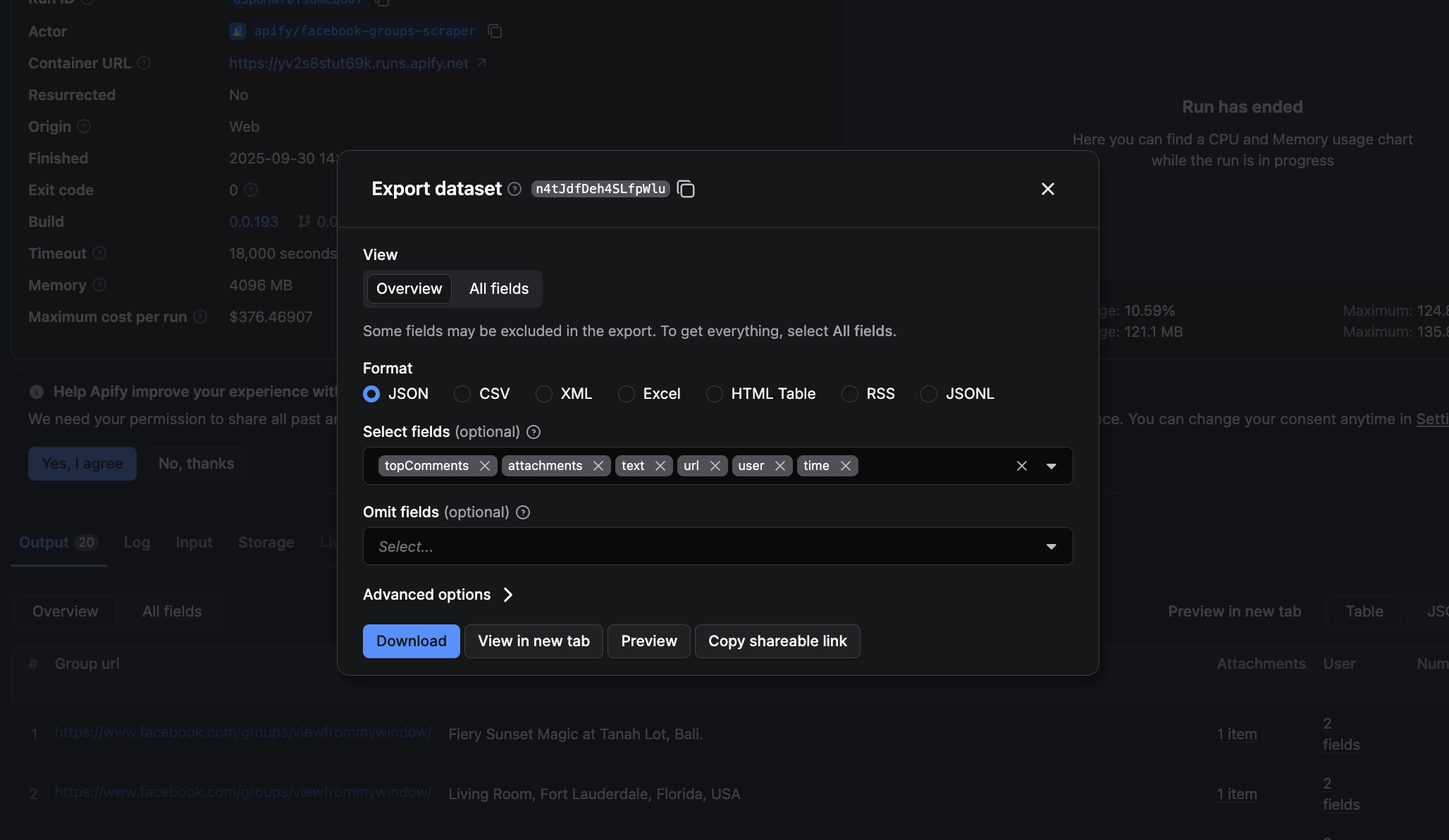 Facebook Groups Scraper - data export