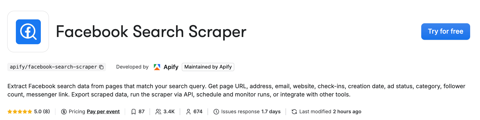 Facebook Search Scraper on Apify Store