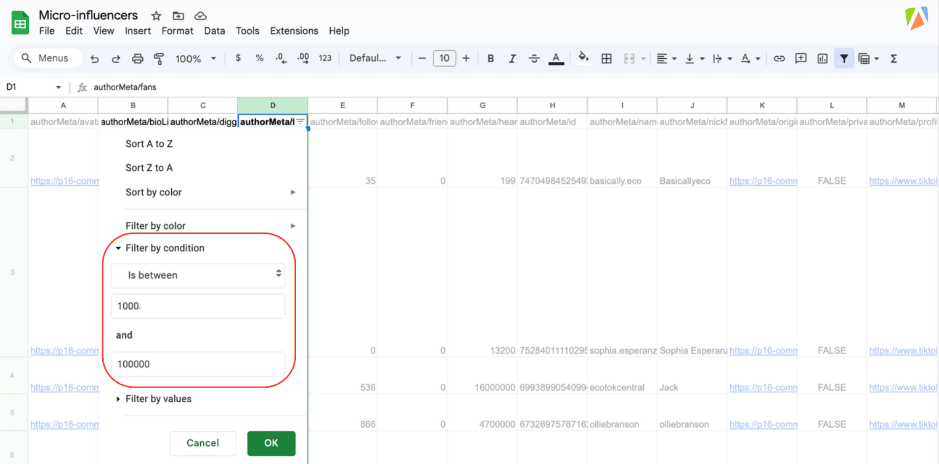 Filter micro-influencer dataset