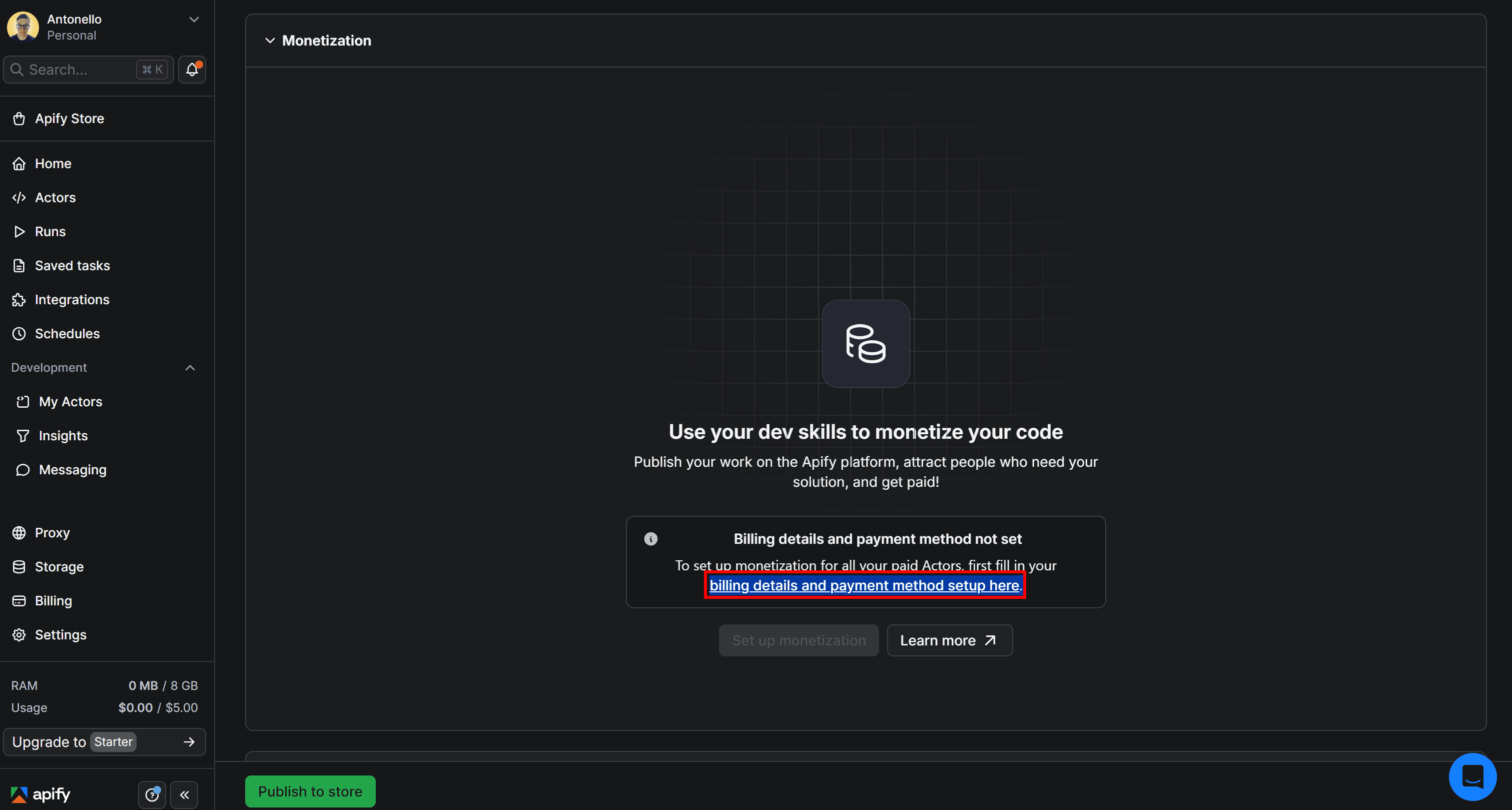 Following the “Billing details and payment method setup here” link