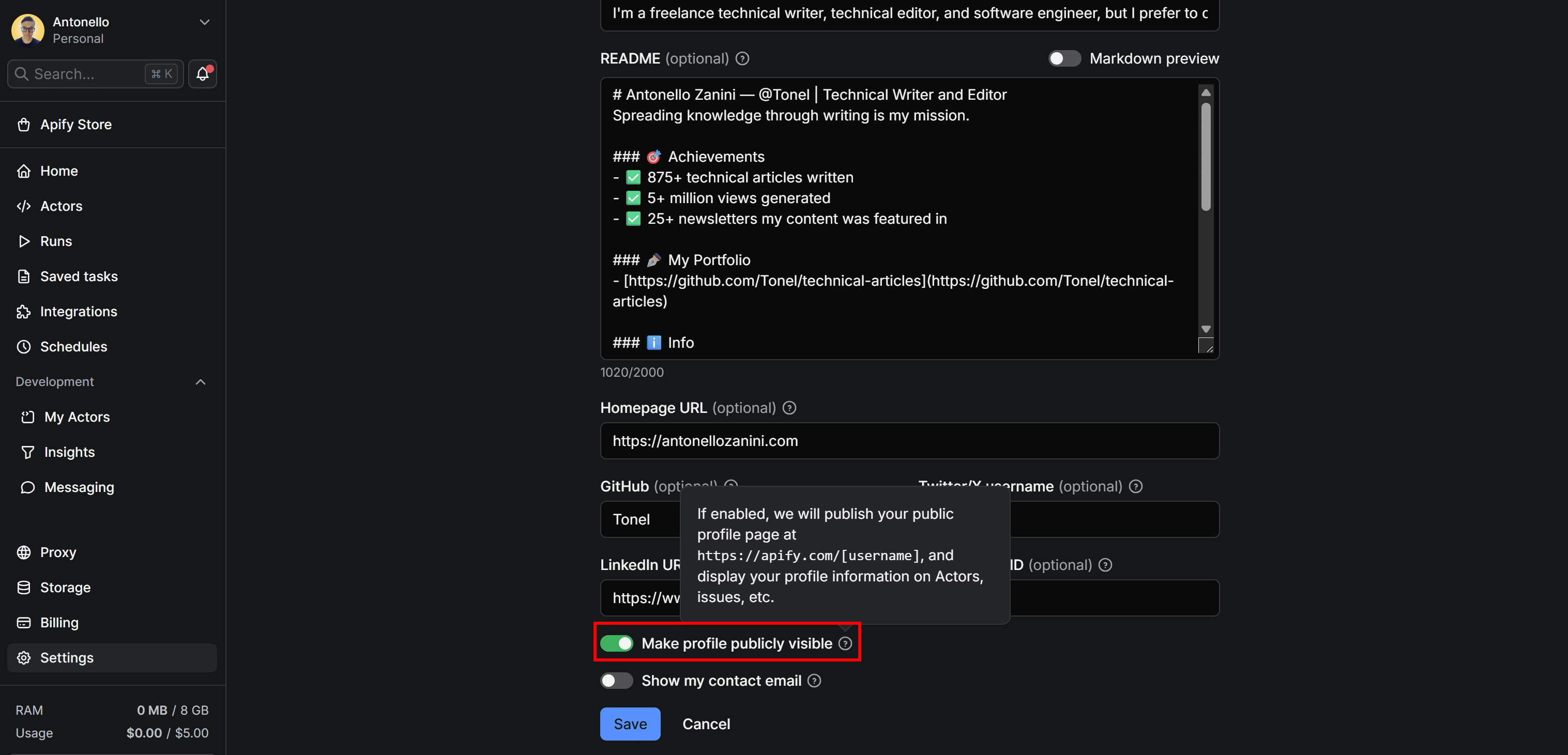 Making your Apify profile publicly available
