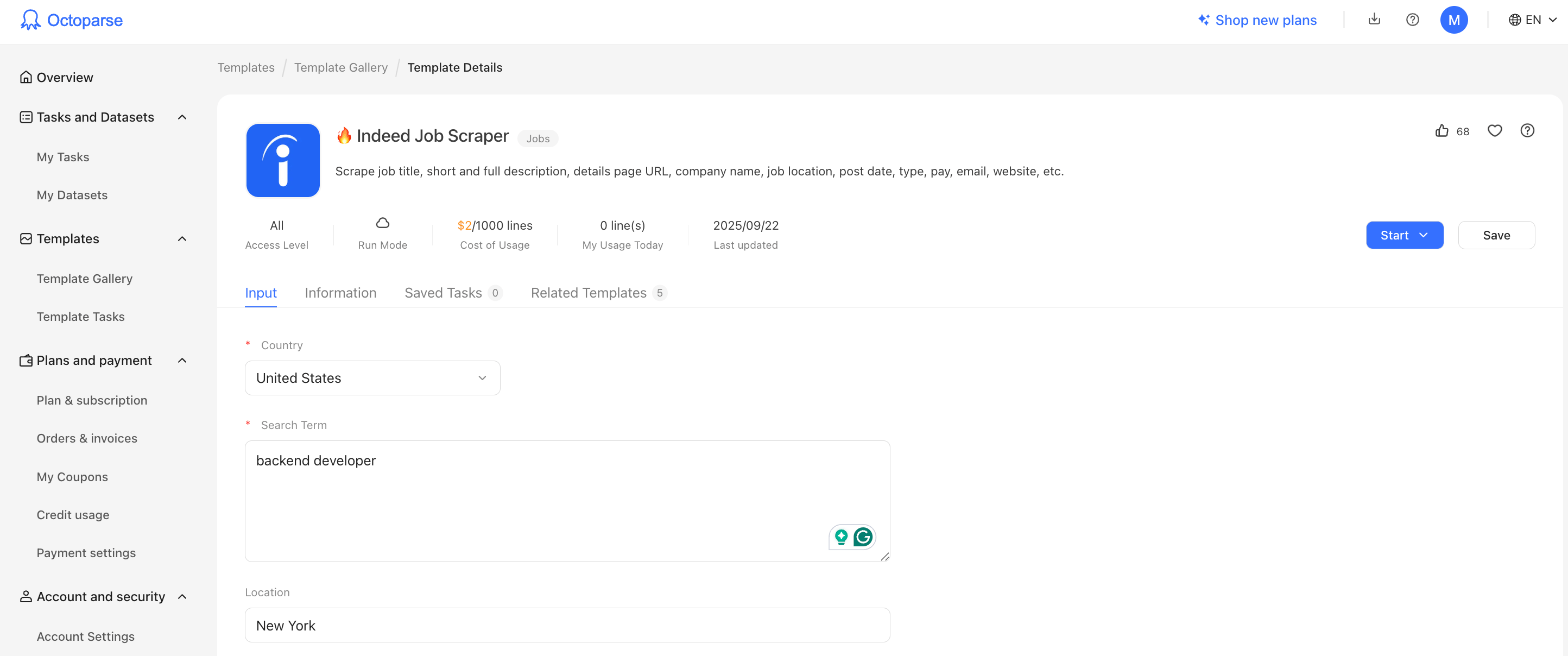 Octoparse: Indeed Job Scraper Template