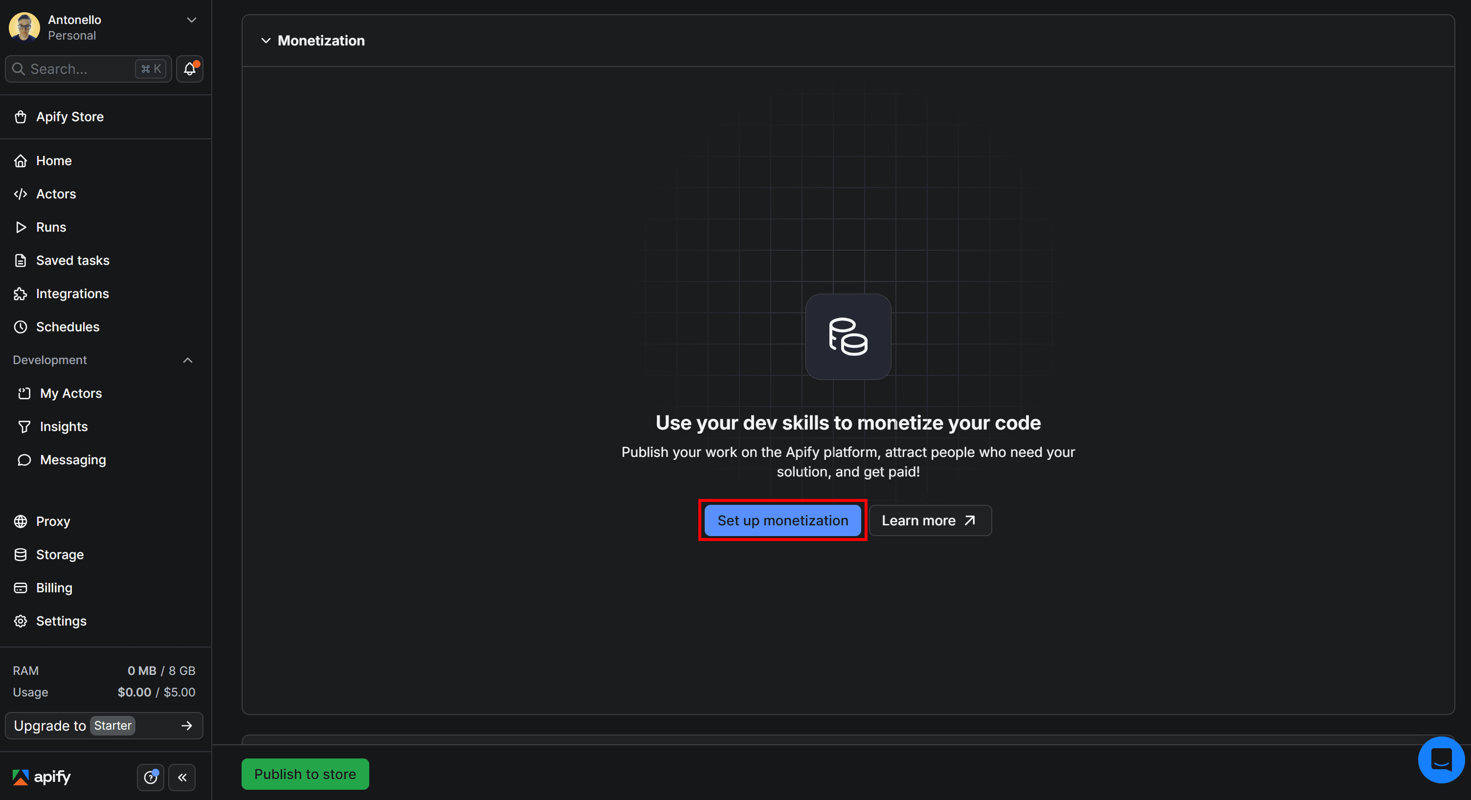 Pressing the “Set up monetization” button