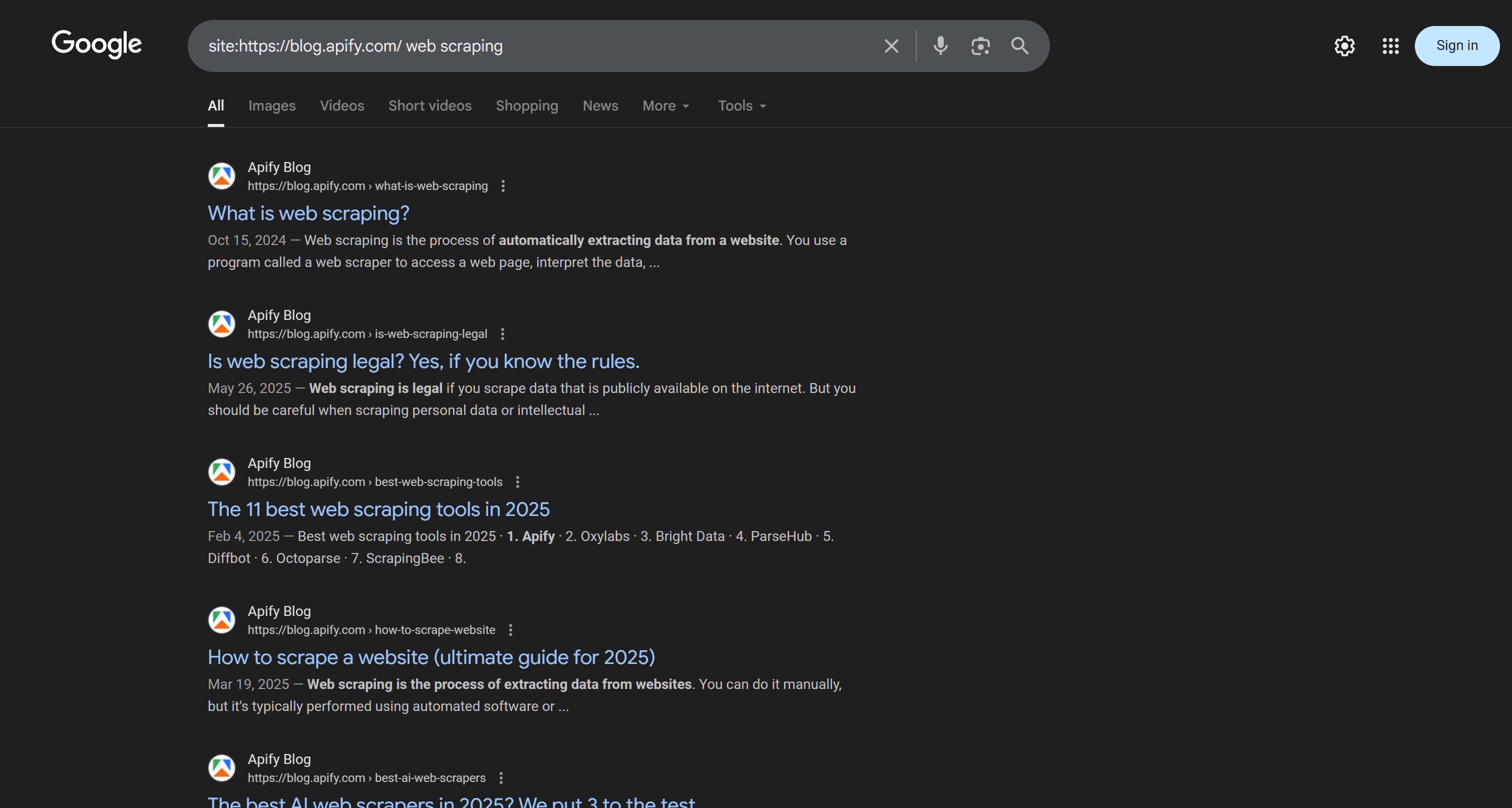 The result of the Google dorking search query