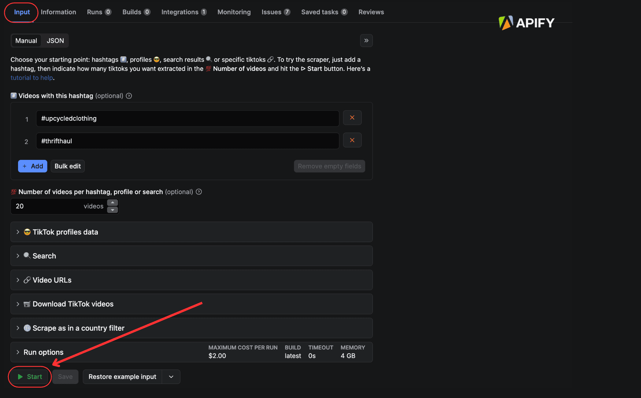 Run TikTok Scraper with the click of a button