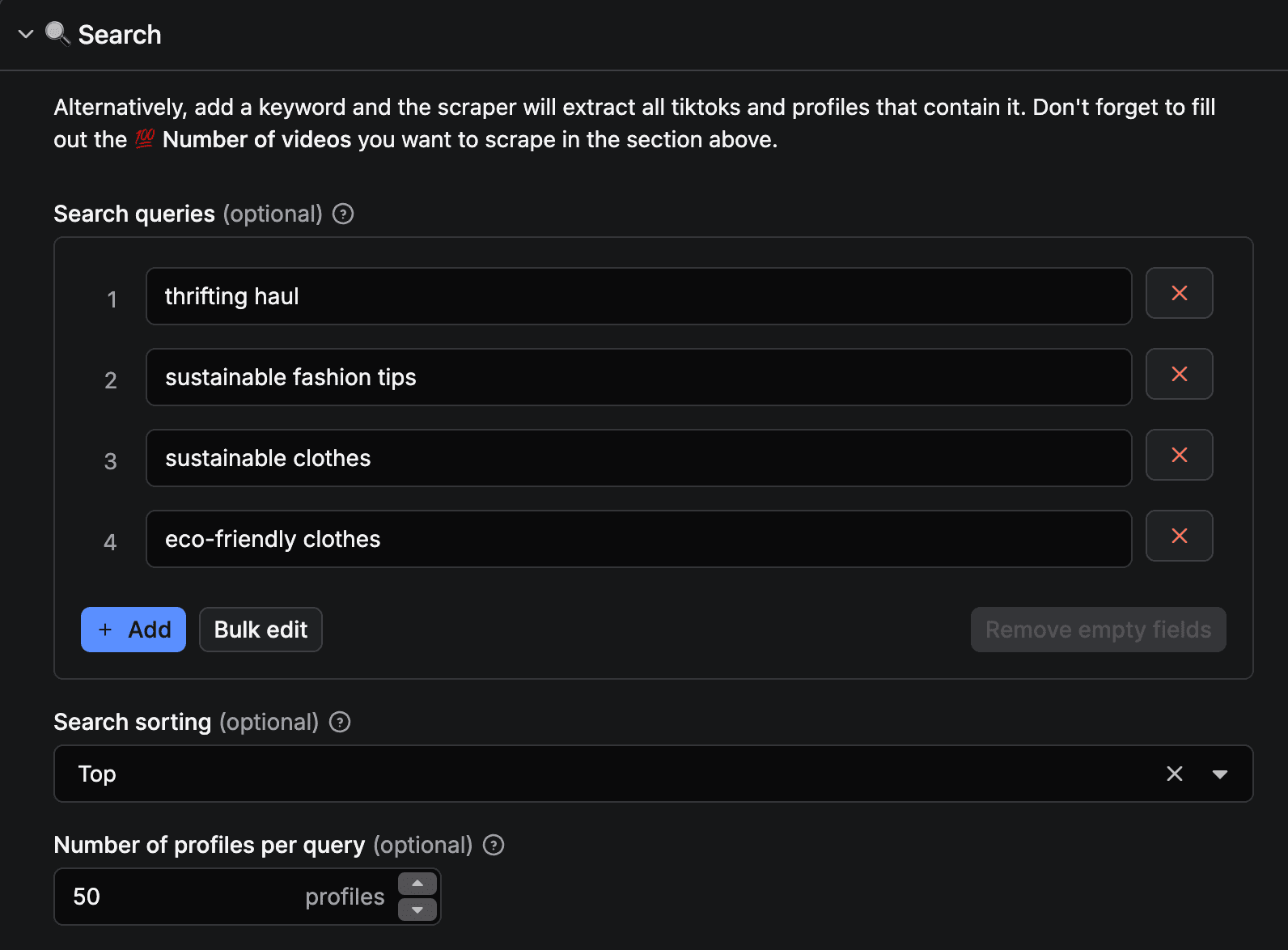 Search queries on TikTok Scraper