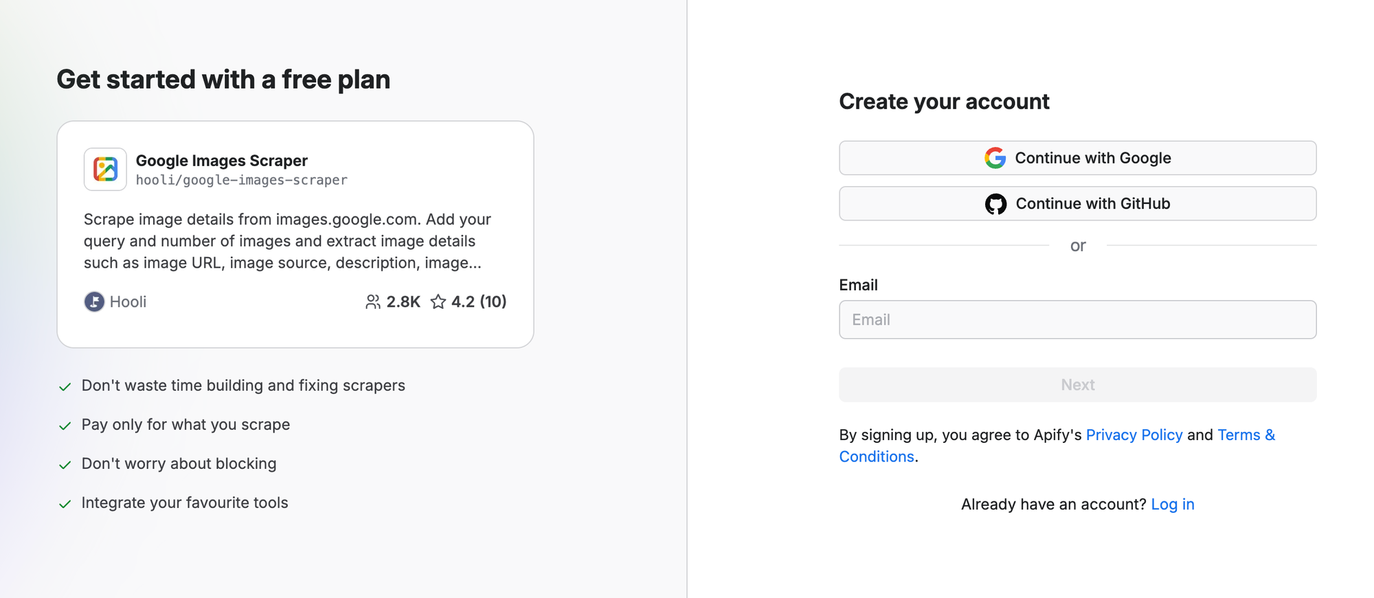 Google Image Scraper sign up page
