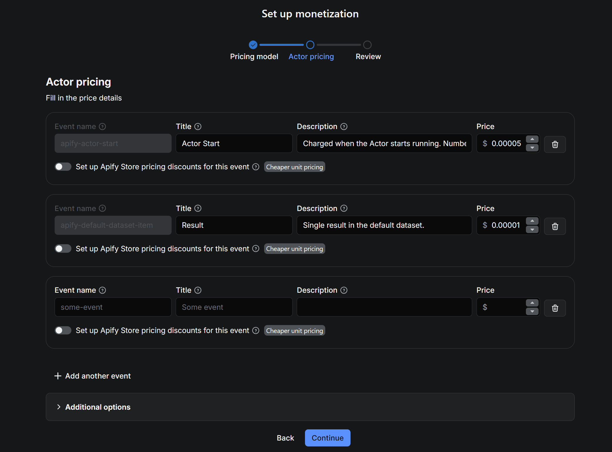 The “Actor pricing” step for “Pay per event”