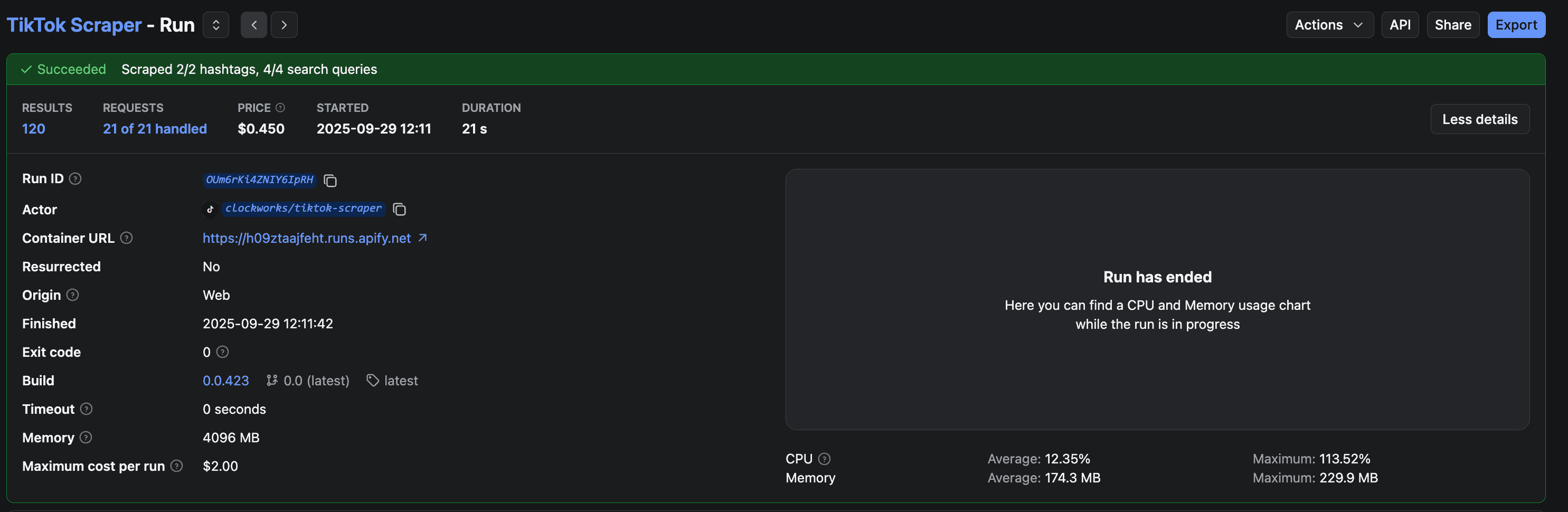 TikTok Scraper run succeeded