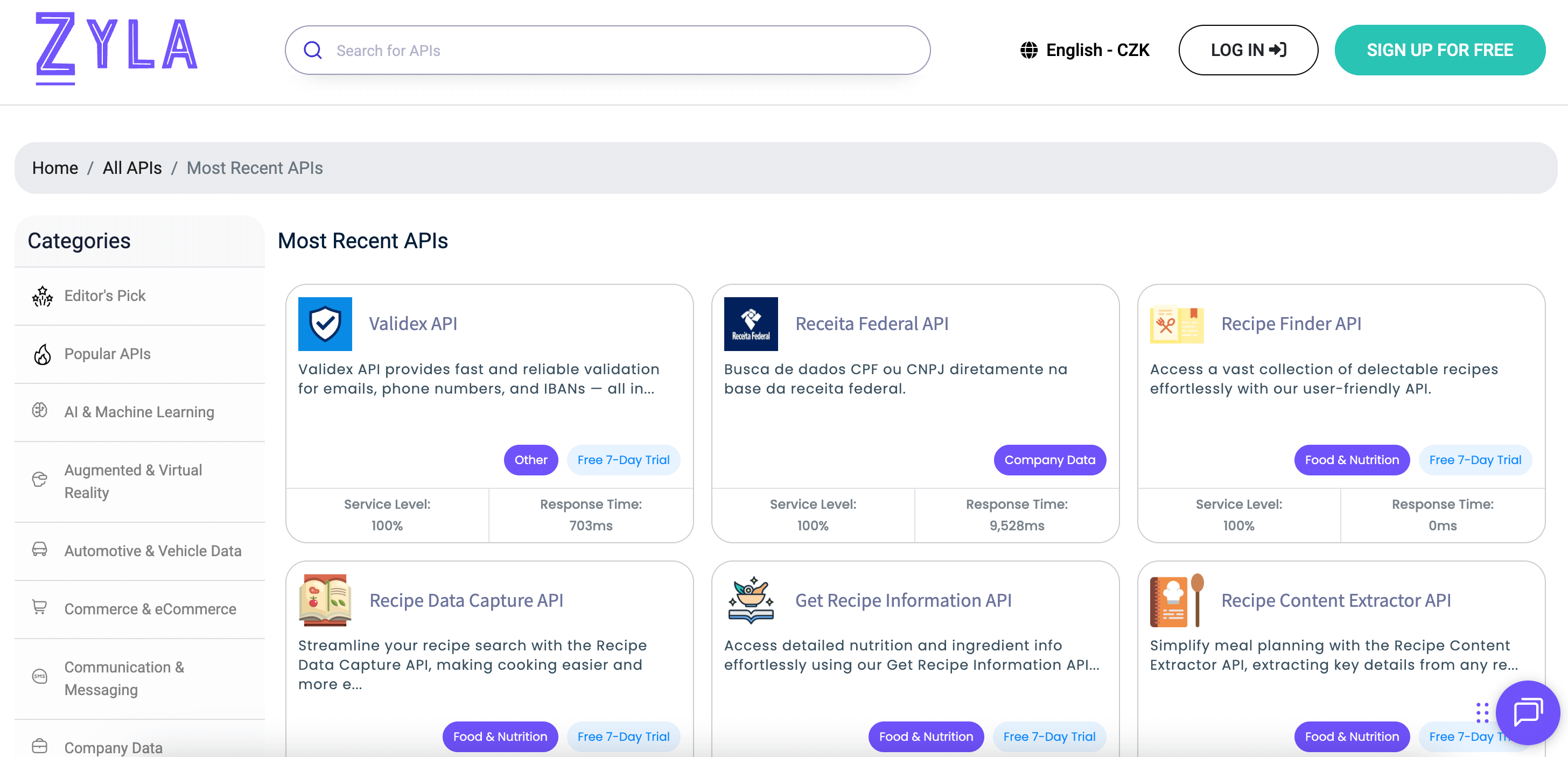 Zyla API hub with caterogies